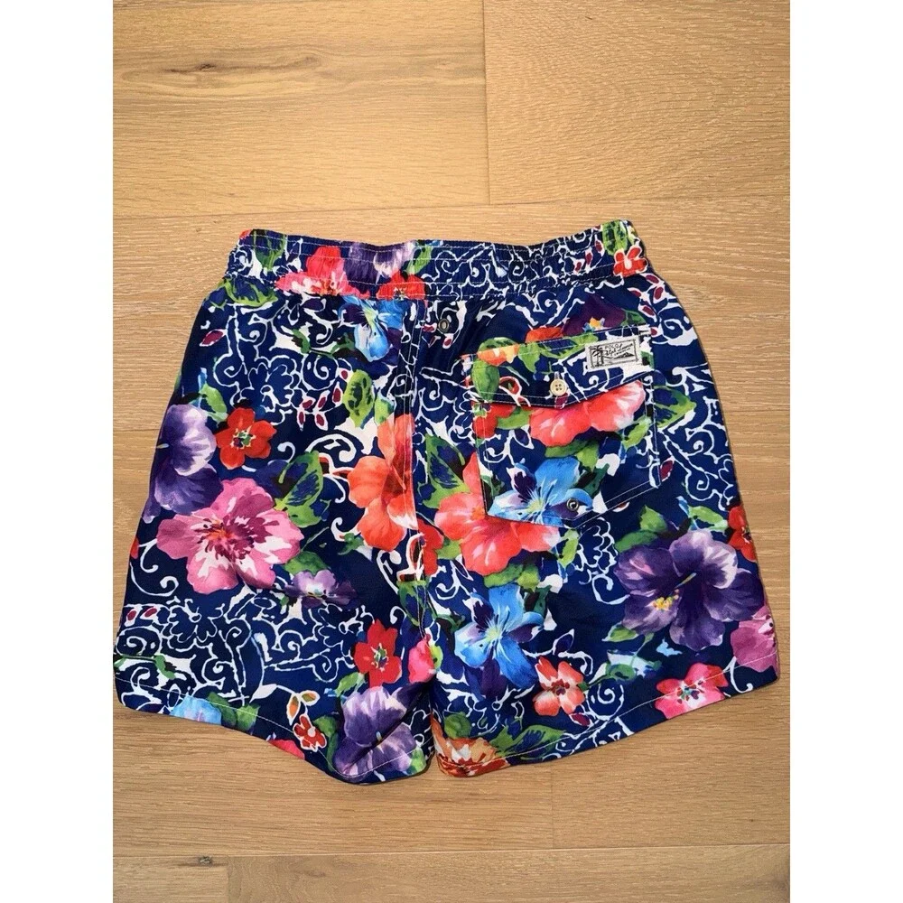 Polo Ralph Lauren Mens Small Blue Floral Print Swim Trunks Shorts Liner Pockets